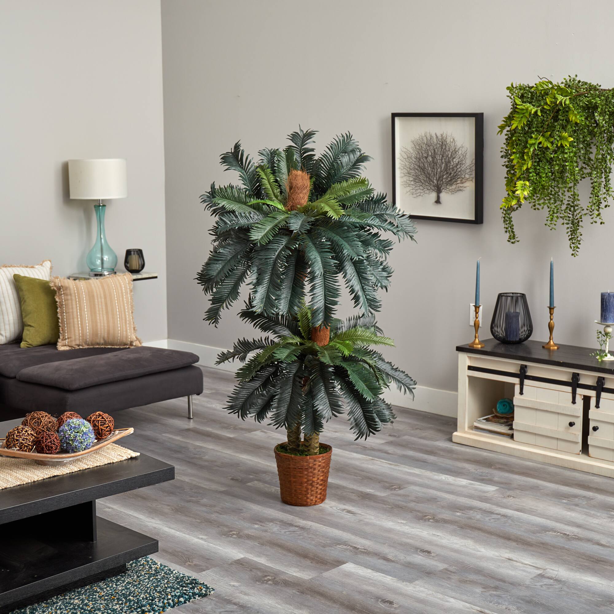 5ft. and 3ft. Potted Double Sago Palm Artificial Tree